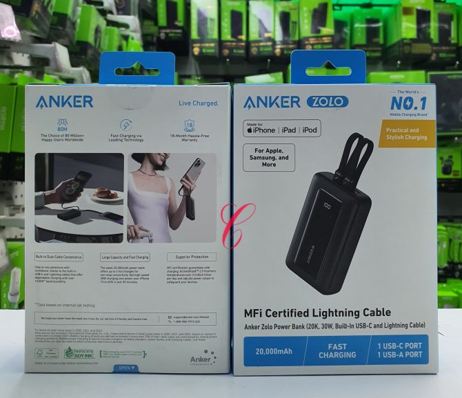 Anker 20,000mAh 30W  Zolo power bank with built in Type C and lightning cables